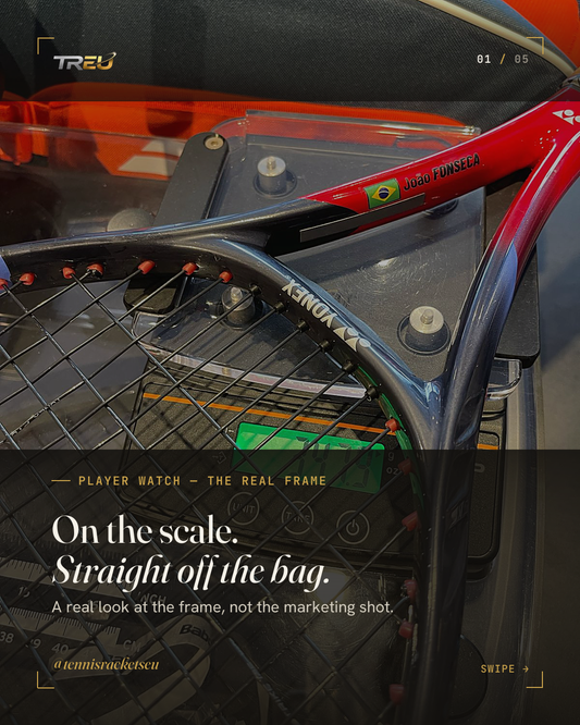 Joao Fonseca real Yonex VCORE 98 tennis racket on a digital scale, straight off the bag — TRE cover image